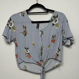 Design Lab Lord & Taylor Blue Floral Striped Blouse